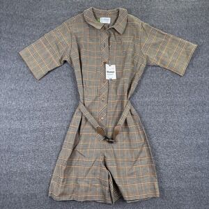 Vintage Shapely Classic Romper Womens 14 Plaid Brown Belt Short Sleeve 70s NWT